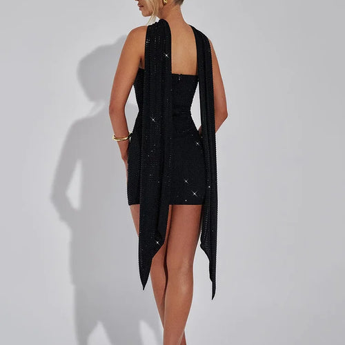 Load image into Gallery viewer, Sequins Backless Sexy Mini Dress For Women Robe Elegant Sparkle Scarf Collar Strapless Sleeveless Bodycon Club Dress
