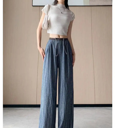 Spring Summer 2024 New Blue Gray Patchwork Drawstring Striped High Waist Wide Leg Long Pants Women's Loose Pleated Trousers Chic