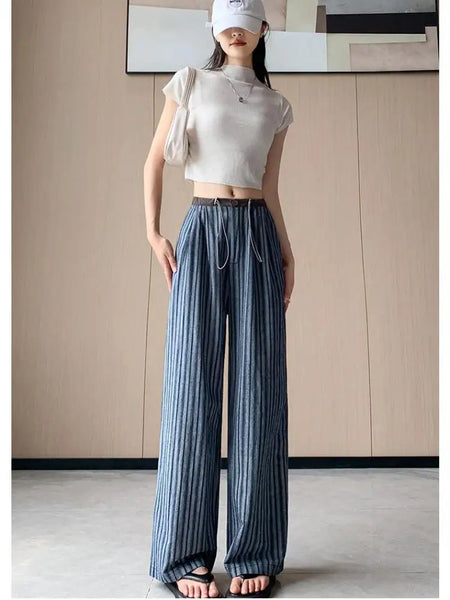 Spring Summer 2024 New Blue Gray Patchwork Drawstring Striped High Waist Wide Leg Long Pants Women's Loose Pleated Trousers Chic