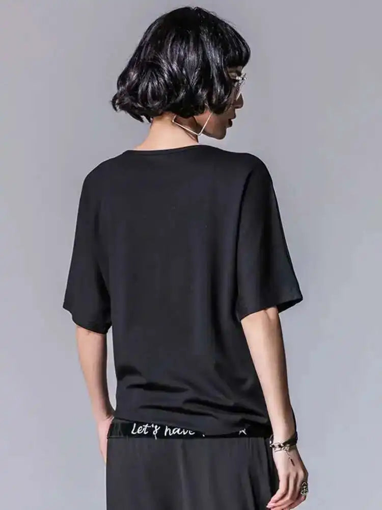 Women Black Asymmetric Chiffon Pleated Big Size T-shirt New Round Neck Short Sleeve Fashion Spring Summer 2025 1DF4730