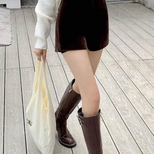 Load image into Gallery viewer, Korean Fashion Women Black High Waist Velvet Shorts Autumn And Winter Chic Lady Casual Brown Short Pant Simplicity Trend Popular
