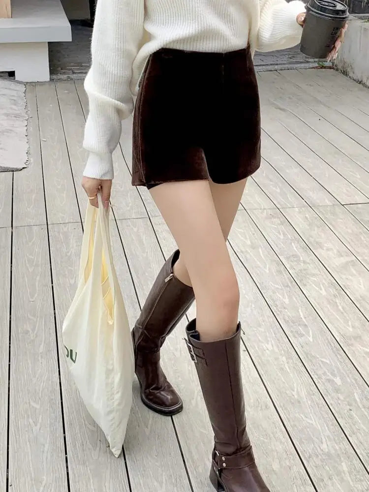Korean Fashion Women Black High Waist Velvet Shorts Autumn And Winter Chic Lady Casual Brown Short Pant Simplicity Trend Popular
