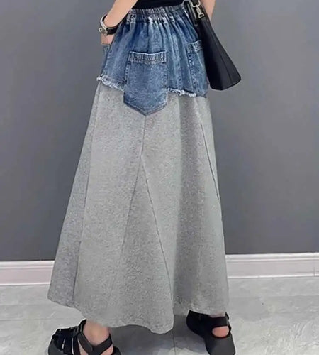 High Waist Black Gray Denim Color-block Midi A-line Half-body Skirt Women Fashion Tide New Spring Autumn 2025 1DH5217