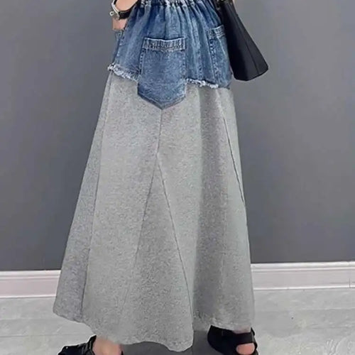Load image into Gallery viewer, High Waist Black Gray Denim Color-block Midi A-line Half-body Skirt Women Fashion Tide New Spring Autumn 2025 1DH5217

