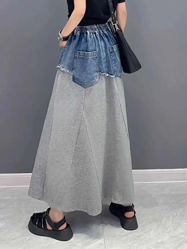High Waist Black Gray Denim Color-block Midi A-line Half-body Skirt Women Fashion Tide New Spring Autumn 2025 1DH5217