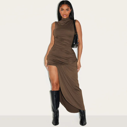 Load image into Gallery viewer, Summer Ruched Split Maxi Dress Women Gown Fashion Solid O Neck Sleeveless High Waist Tank Dress 2025 New Dresses
