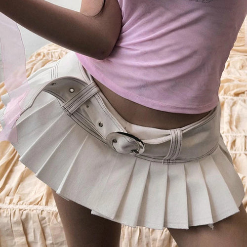 Load image into Gallery viewer, Streetwear White Summer Denim Skirt Women With Belt Low Waisted Hottie Sexy Pleated Skirt Mini Stitching Girls Bottom
