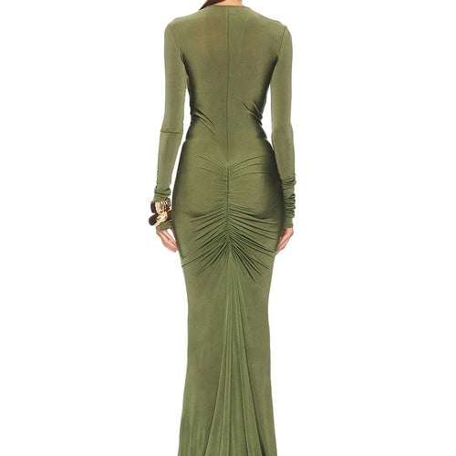 Load image into Gallery viewer, Hollow Out Long Sleeve Ruched Sexy Maxi Dress Women Green Deep V Neck Bodycon Evening Club Party Long Dress Elegant
