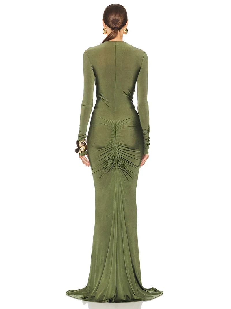 Hollow Out Long Sleeve Ruched Sexy Maxi Dress Women Green Deep V Neck Bodycon Evening Club Party Long Dress Elegant
