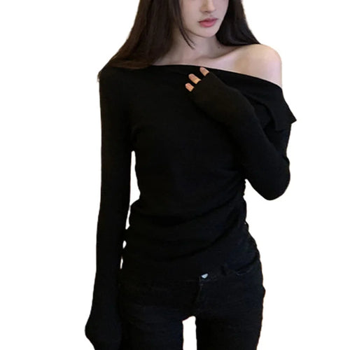 Load image into Gallery viewer, y2k Crop Top Clothing Women Solid Color Slant Neck Off Shoulder Long Sleeve Ruched T Shirt 2000s Clothes Streetwear
