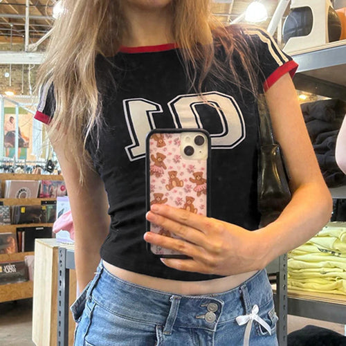 Load image into Gallery viewer, Harajuku Stripe Bodycon Baby Tee Digital Printed Basic Casual Crop Tops Round Neck Korean Girls Summer T shirt Female
