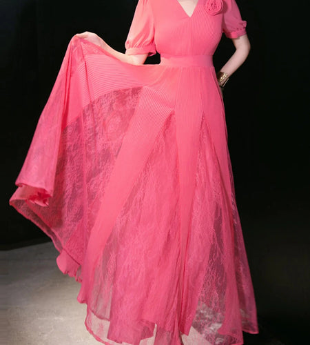 Solid Spliced Mesh Elegant Dresses for Women V Neck Short Sleeves High Waist Patchwork 3D Flower Long Dress Female