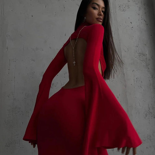 Load image into Gallery viewer, Elegant Solid O-neck Flare Sleeve Side Split Women's Dresses 2024 Spring Sexy Backless Bodycon Party Evening Vestidos
