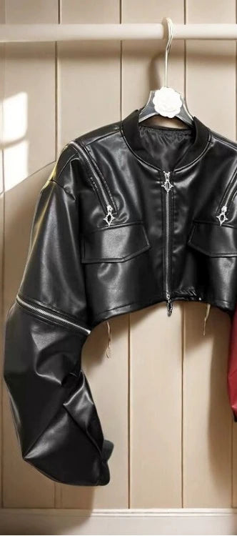 2025 Y2k Aesthetic PU Leather Jacket Womens Streetwear Pleated Grunge Solid Jackets Loose Harajuku Zipper Female Punk Crop Coat