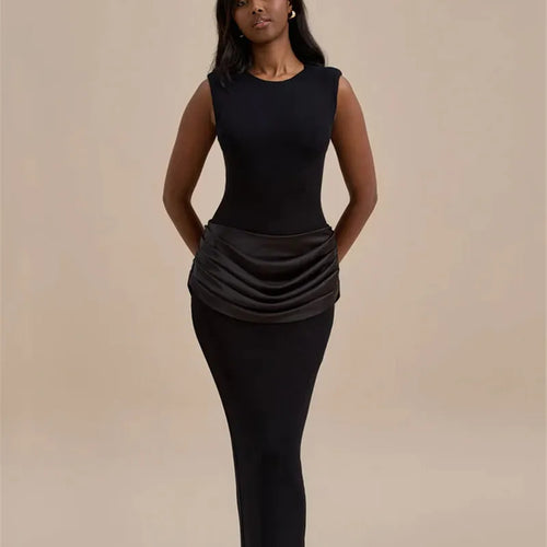 Load image into Gallery viewer, Sleeveless Ruched Sexy Maxi Dress For Women Gown Fashion Black O Neck High Waist Bodycon Club Party Long Dress Vestido
