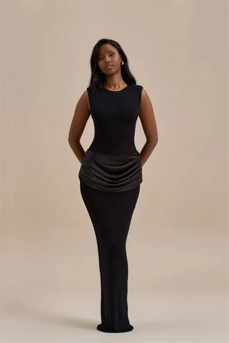 Sleeveless Ruched Sexy Maxi Dress For Women Gown Fashion Black O Neck High Waist Bodycon Club Party Long Dress Vestido