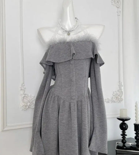 Autumn Ladies Grey Patchwork Lace Ruffles Halter Party Mini Dress Chic High Waist Sexy Club Elegant Backless Pleated Short Dress