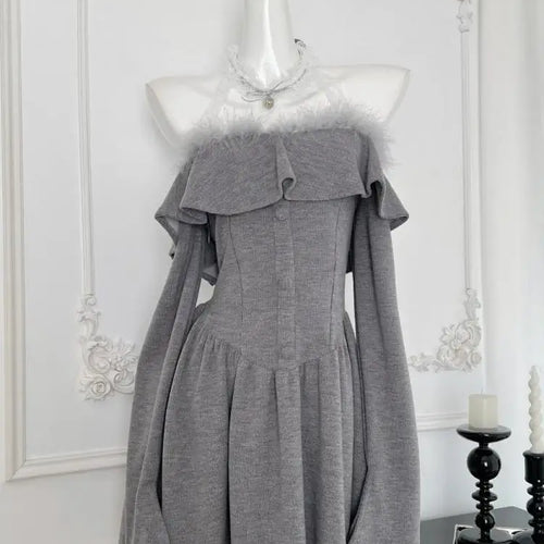 Load image into Gallery viewer, Autumn Ladies Grey Patchwork Lace Ruffles Halter Party Mini Dress Chic High Waist Sexy Club Elegant Backless Pleated Short Dress
