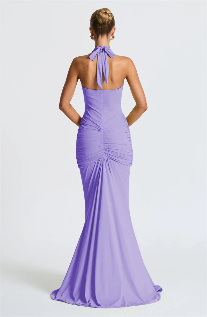 Deep V Neck Backless Ruched Sexy Maxi Dress Women Gown Summer Halter Sleeveless Draped Club Party Long Dress 2025