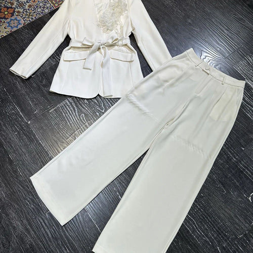 Load image into Gallery viewer, Temperament Two Piece Sets for Women V Neck Long Sleeves Spliced 3D Flower Blazer Wide Leg Pant Set Female Clothing
