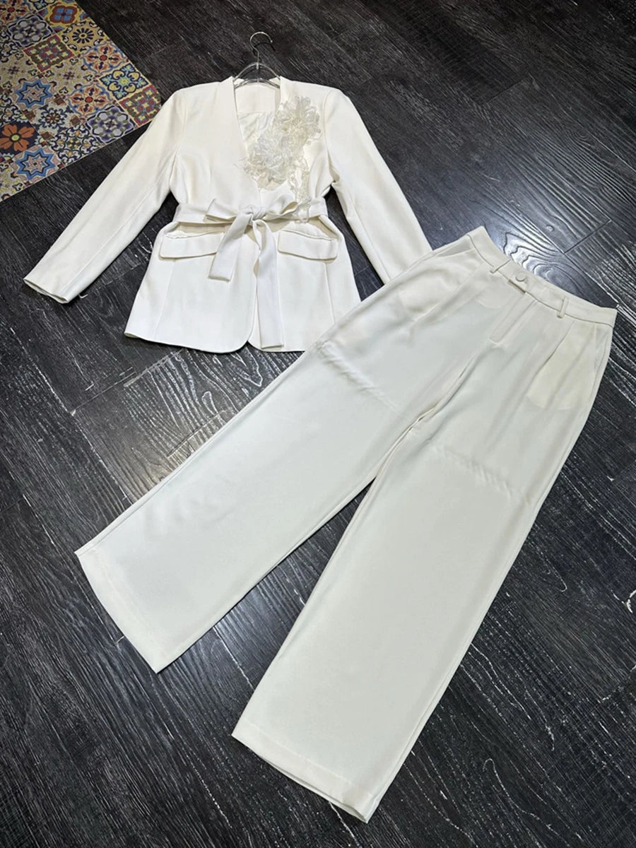 Temperament Two Piece Sets for Women V Neck Long Sleeves Spliced 3D Flower Blazer Wide Leg Pant Set Female Clothing