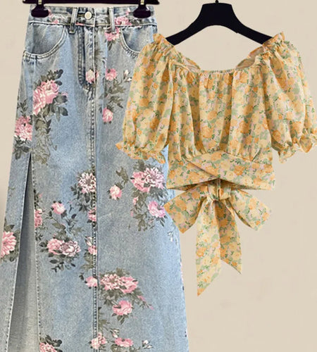 Women Summer Sweet Pink Print Skirts Two Pieces Set Korean Puff Sleeve Bandage Floral Top And Side Split Retro Denim Skirts Sets