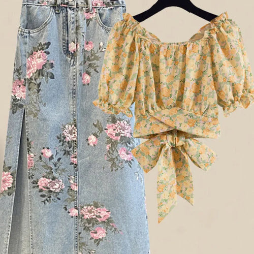 Load image into Gallery viewer, Women Summer Sweet Pink Print Skirts Two Pieces Set Korean Puff Sleeve Bandage Floral Top And Side Split Retro Denim Skirts Sets

