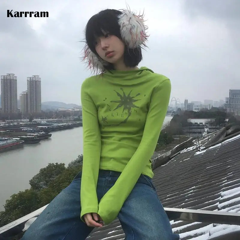 Japanese Y2k Hooded T-shirt Grunge Aesthetics Green Long Sleeve Tee Shirt Vintage Harajuku Hooded Tops 2000s Streetwear