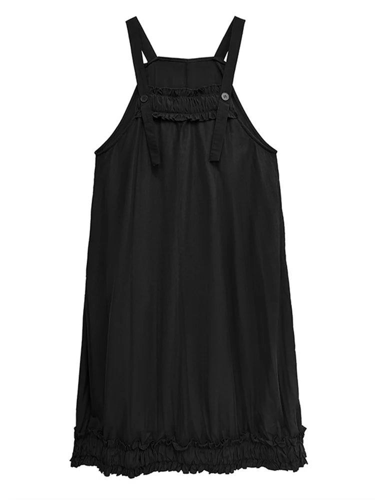 Women Black Ruffles Spliced Big Size Strap Dress New Square Collar Sleeveless Fashion Tide Spring Autumn 2025 1DJ1157