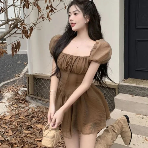 Load image into Gallery viewer, Vintage Brown Mini Dress Retro Elegant Wrap Puff Sleeve Square Collar Slim Short Dresses Summer Sundress
