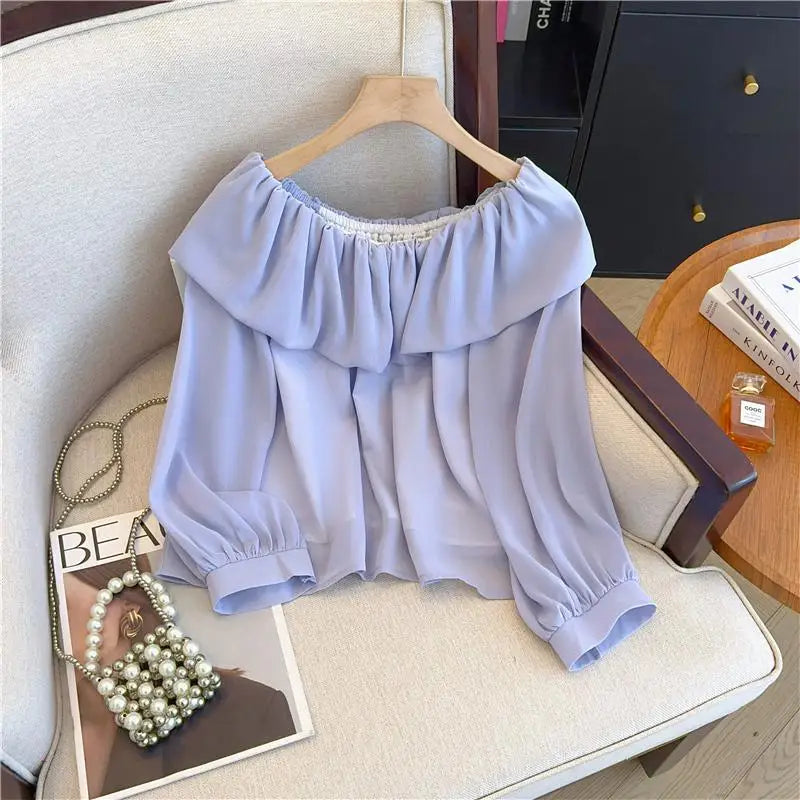 Spring Women White Off Shoulder Long Sleeve Blouse Retro French Blue Elegant Ruffle Edge Holiday Shirt Loose Short Top Versatile