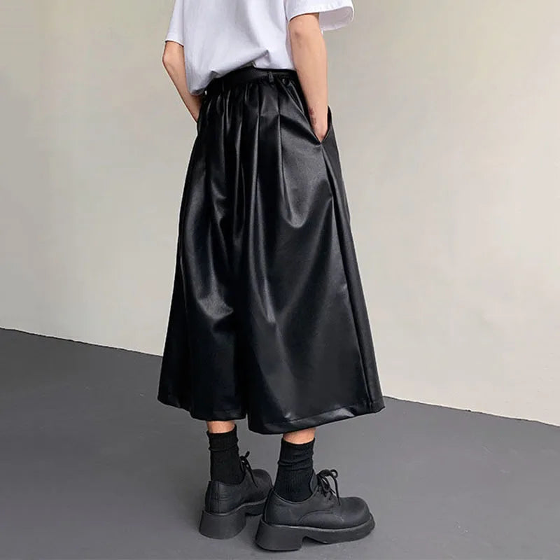 Men's PU Leather Shorts New American Style Wide Leg Solid Color Men Bottoms Male Trendy Loose Seven Quarter Pants 9W1521