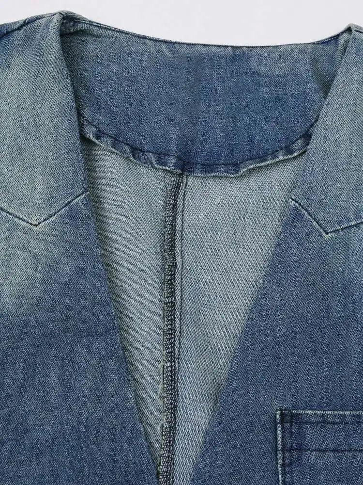 Blue Denim Vintage Big Size Pocket Jacket New V-neck Long Sleeve Women Coat Fashion Tide Spring Autumn 2025 CPG1579