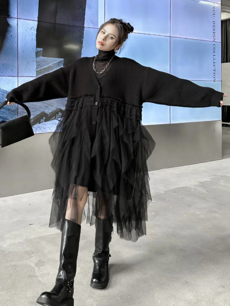 Women Black Big Size Knitting Mesh Irregular Sweater Dress New V-Neck Long Sleeve Fashion Spring Autumn 2025 1DH2366