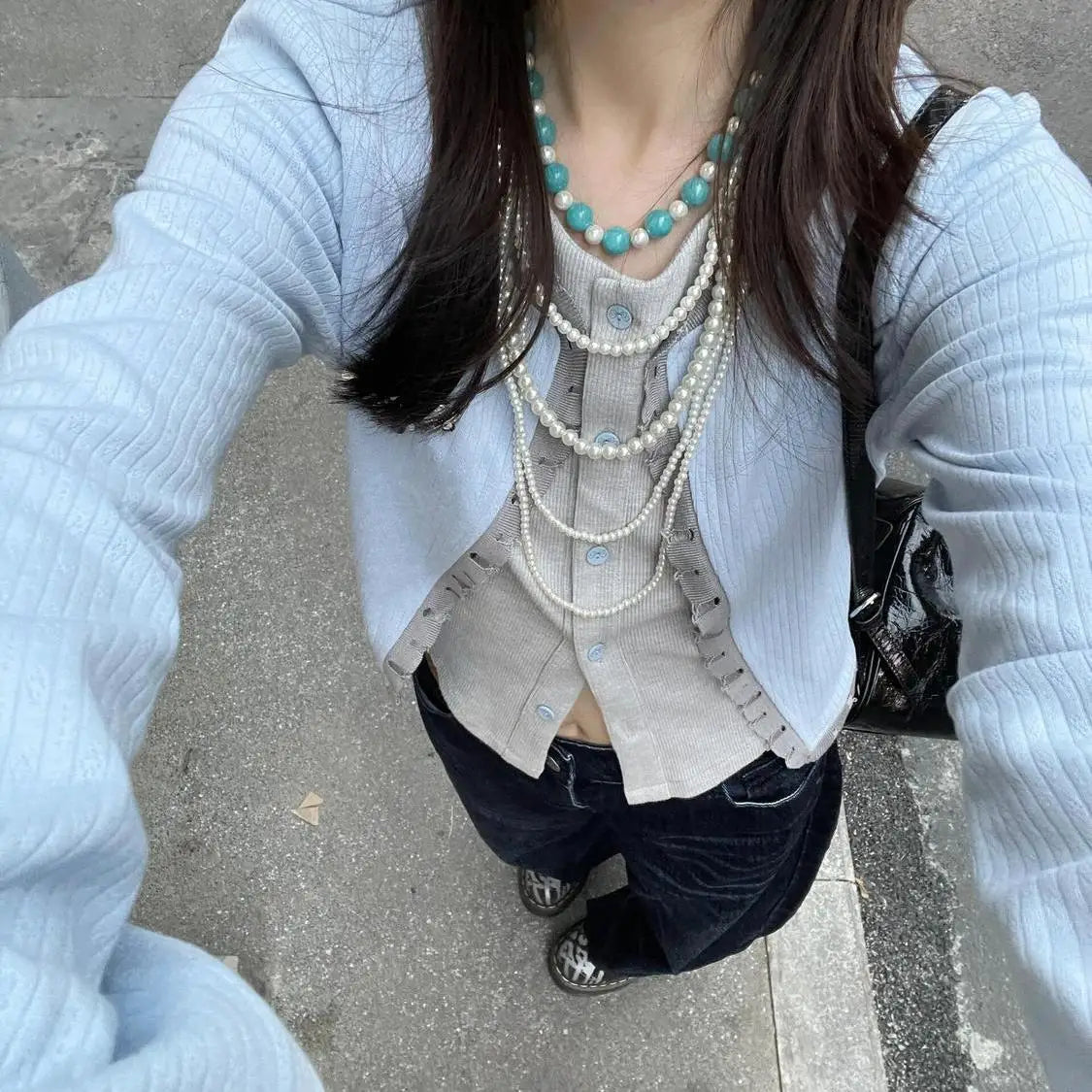 Fake Two Cardigan Coats Women's Clothing Contrast Color O-neck Sueter Mujer Chic Beading Knitted Sweater Tops Korean Pull Femme