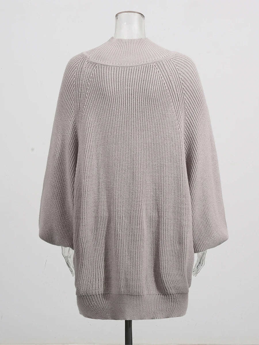 Solid Loose Spliced Pockets Casual Sweaters for Women High Neck Long Sleeves Minimalist Sweater Female Clothing New