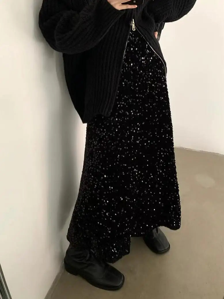Spring Summer Fashion Y2k Streetwear Velvet Long Skirt Women Solid Elegant Elastic High Waist Sequin Wrap Hip Fishtail Skirt New