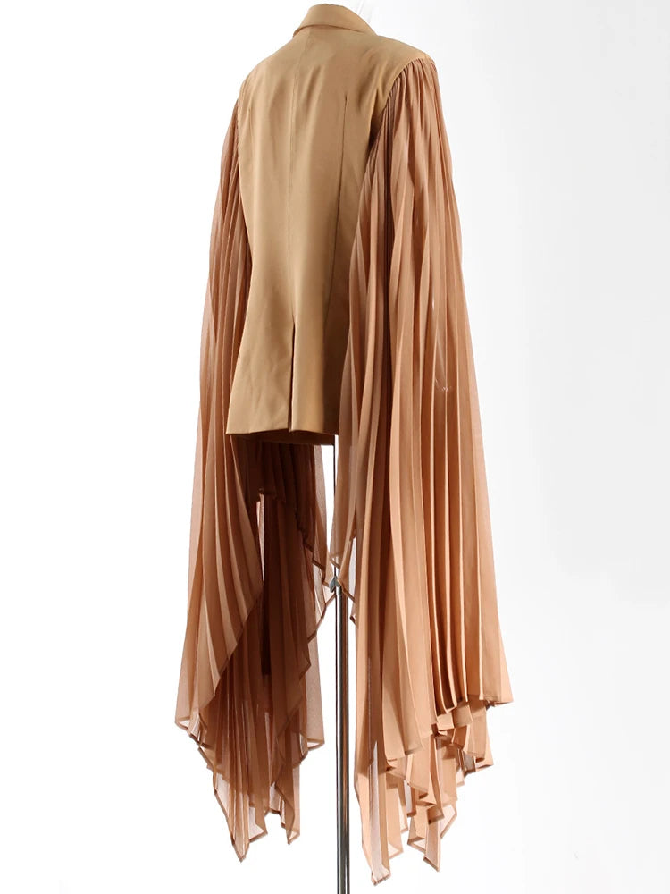 Women Khaki Pleated Irregular Elegant Blazer New Lapel Long Ruffles Sleeve Jacket Fashion Tide Spring Autumn 2025 1DH6395