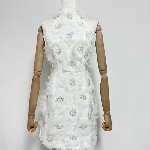 Load image into Gallery viewer, Solid Spliced 3D Flower Elegant Dresses for Women Halter Sleeveless Patchwork Sequins Fashion Mini Dress Female New
