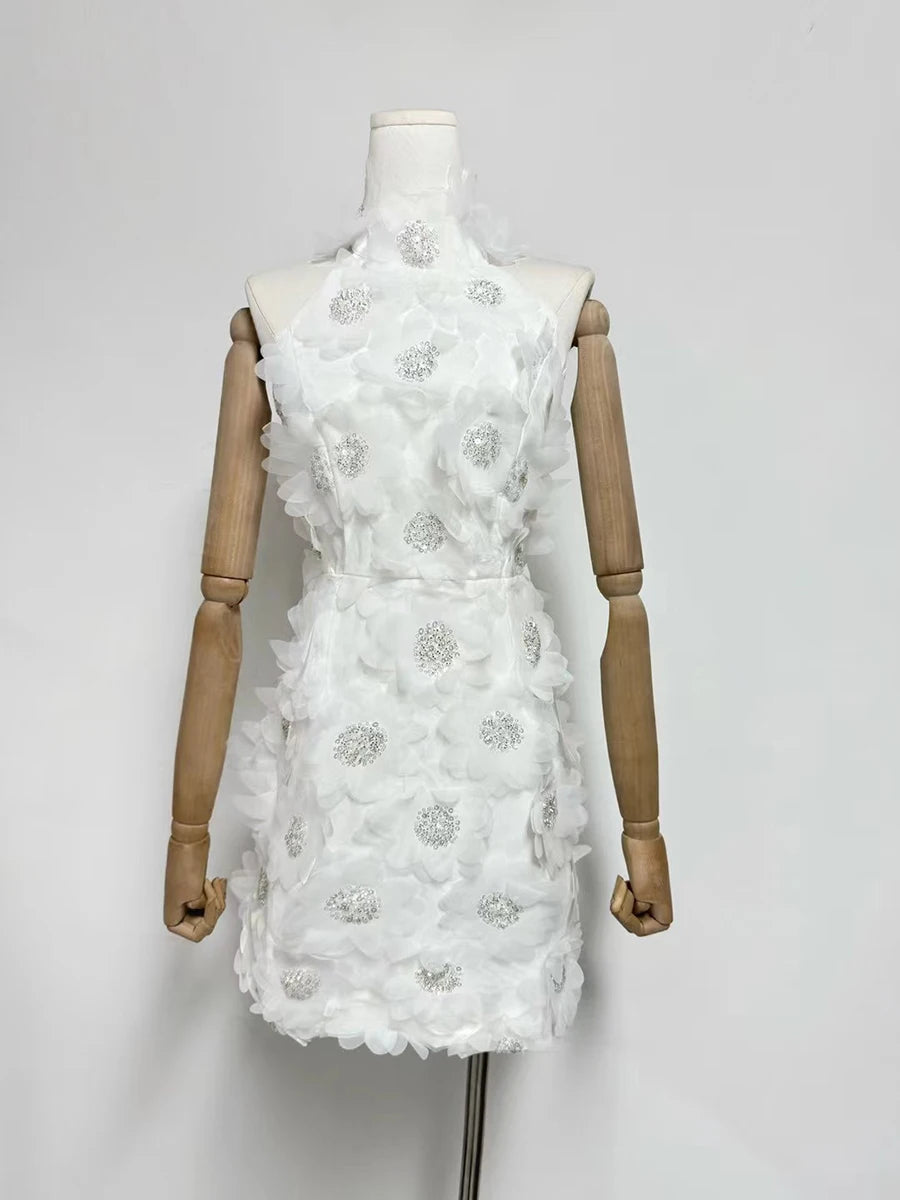 Solid Spliced 3D Flower Elegant Dresses for Women Halter Sleeveless Patchwork Sequins Fashion Mini Dress Female New