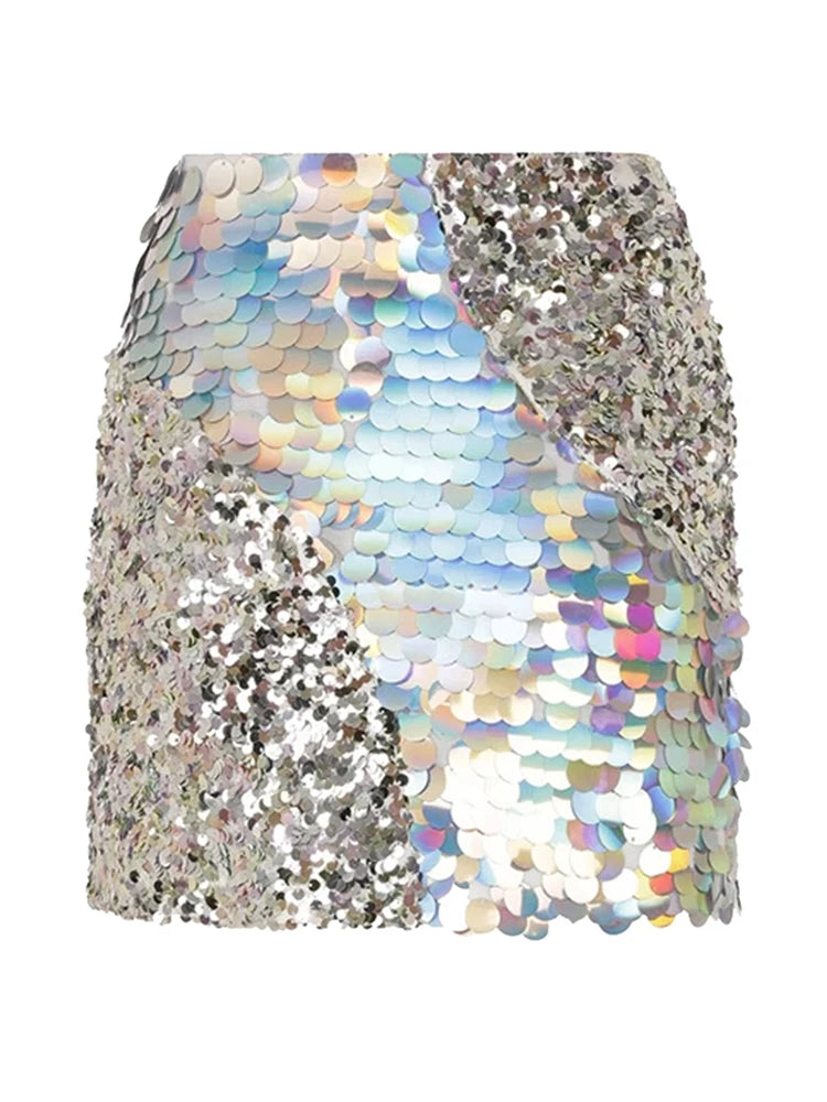 Colorblock Patchwork Sequins Mini Bodycon Skirt For Women High Waist Slimming Sexy Skirts Female Fashion Clothes