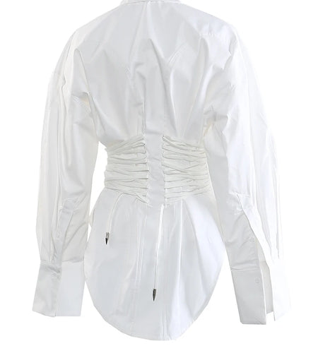 Women White Bandage Pleated Irregular Big Size Blouse New Lapel Long Sleeve Shirt Fashion Tide Spring Autumn 2025 1DJ0341