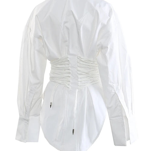 Load image into Gallery viewer, Women White Bandage Pleated Irregular Big Size Blouse New Lapel Long Sleeve Shirt Fashion Tide Spring Autumn 2025 1DJ0341
