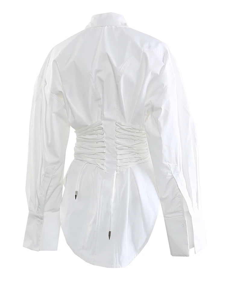 Women White Bandage Pleated Irregular Big Size Blouse New Lapel Long Sleeve Shirt Fashion Tide Spring Autumn 2025 1DJ0341