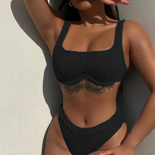 Load image into Gallery viewer, Solid Underwire Bandeau Bikini Set 2024 Female Mid Waist Swimsuit Women Thong Swimwear Bandage Bathing Suit
