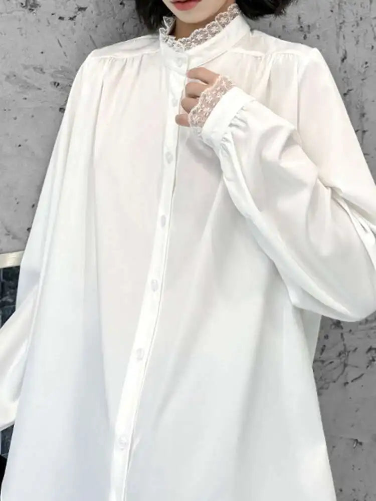 Women White Lace Big Size Elegant Blouse New Stand Collar Long Sleeve Shirt Fashion Tide Spring Autumn 2025 1DH9942
