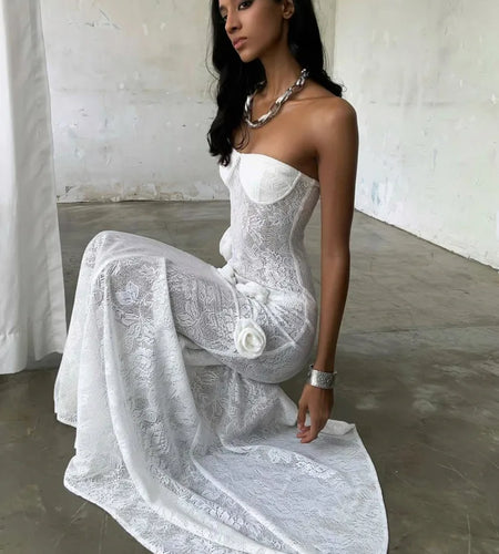 Elegant Lace Patchwork Bodycon Party Evening Dress Women Sexy Strapless 3D Flower Slim Backless Dress Autumn/winter 2025