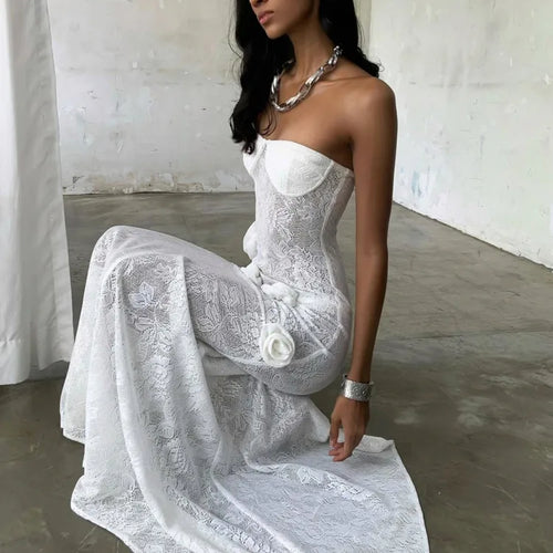 Load image into Gallery viewer, Elegant Lace Patchwork Bodycon Party Evening Dress Women Sexy Strapless 3D Flower Slim Backless Dress Autumn/winter 2025
