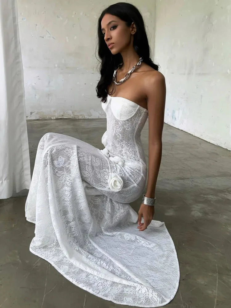 Elegant Lace Patchwork Bodycon Party Evening Dress Women Sexy Strapless 3D Flower Slim Backless Dress Autumn/winter 2025