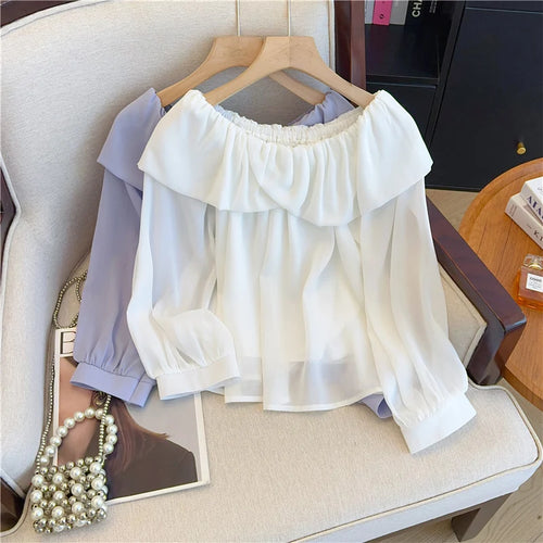 Load image into Gallery viewer, Spring Women White Off Shoulder Long Sleeve Blouse Retro French Blue Elegant Ruffle Edge Holiday Shirt Loose Short Top Versatile
